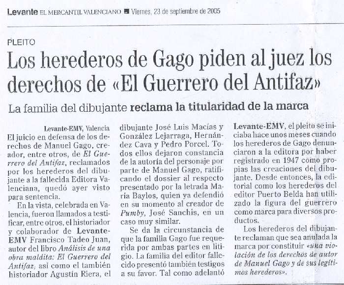 EL GUERRERO DEL ANTIFAZ. LEVANTE. 23 DE SEPTIEMBRE DE 2005.